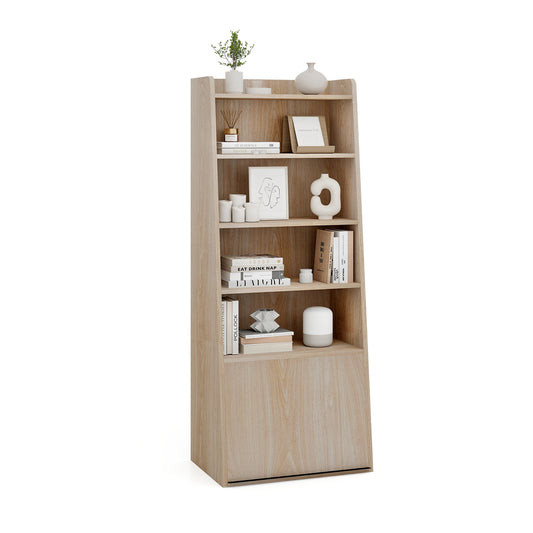 6-Tier Bookcase Freestanding Ladder Bookshelf with 2 Adjustable Shelves and Flip Up Door, Natural Bookcases Natural at Gallery Canada