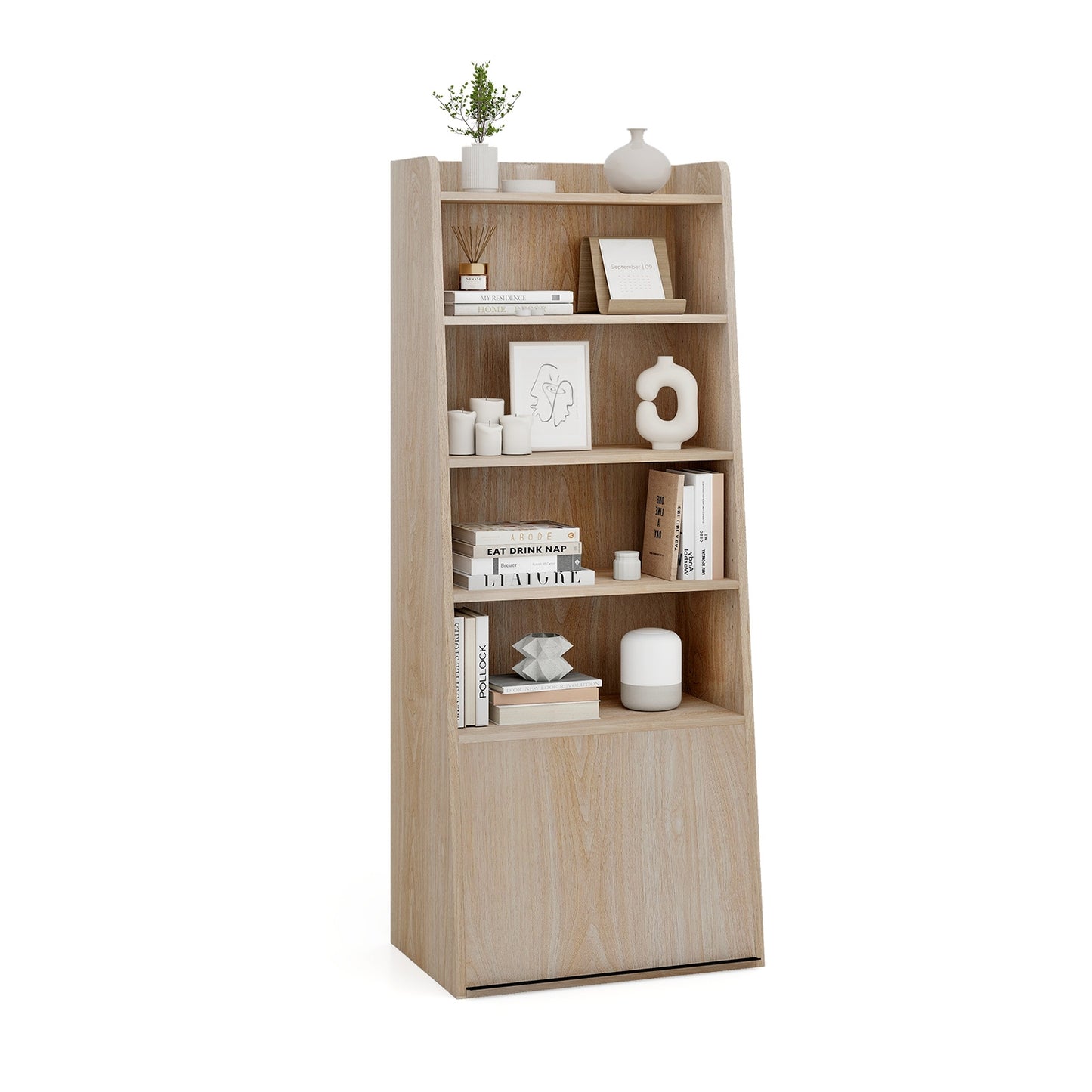 6-Tier Bookcase Freestanding Ladder Bookshelf with 2 Adjustable Shelves and Flip Up Door, Natural Bookcases at Gallery Canada