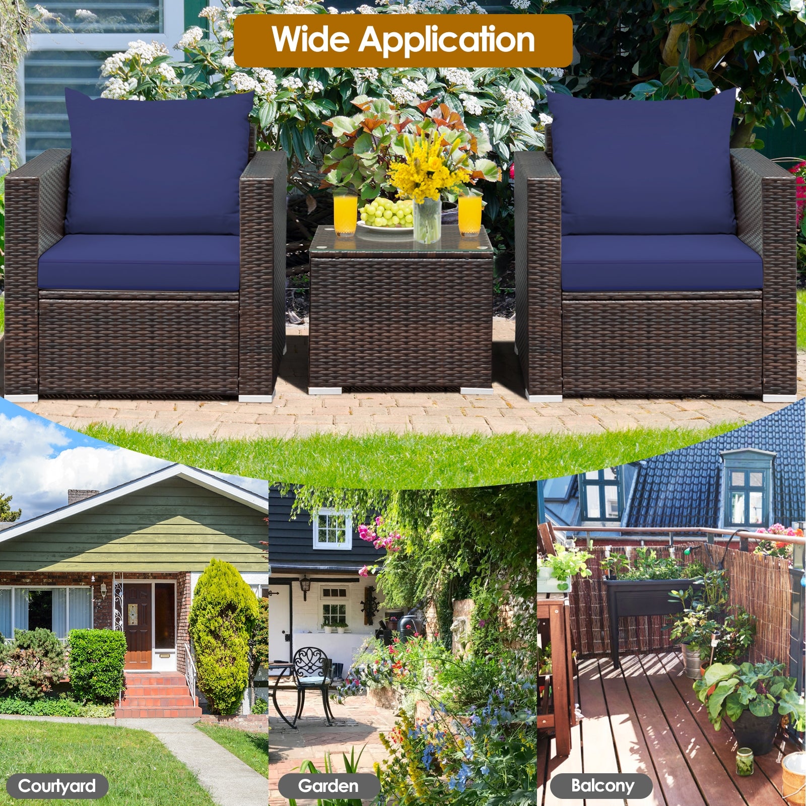 3 Pcs Patio Rattan Furniture Set With Cushion, Blue Patio Conversation Sets at Gallery Canada