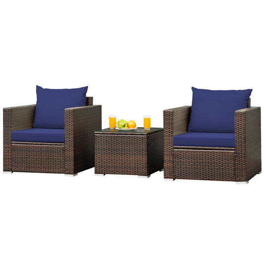 3 Pcs Patio Rattan Furniture Set With Cushion, Blue Patio Conversation Sets Blue at Gallery Canada