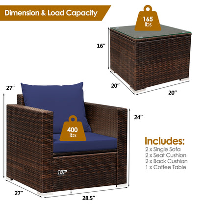 3 Pcs Patio Rattan Furniture Set With Cushion, Blue Patio Conversation Sets at Gallery Canada