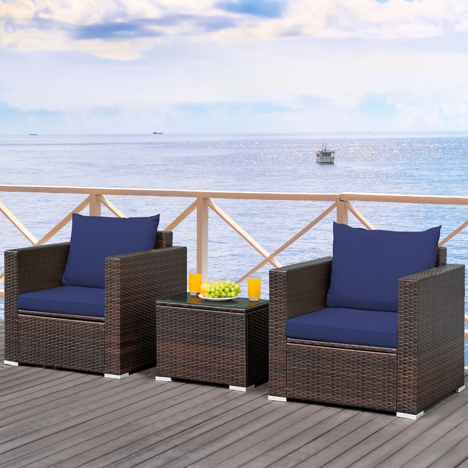 3 Pcs Patio Rattan Furniture Set With Cushion, Blue Patio Conversation Sets at Gallery Canada