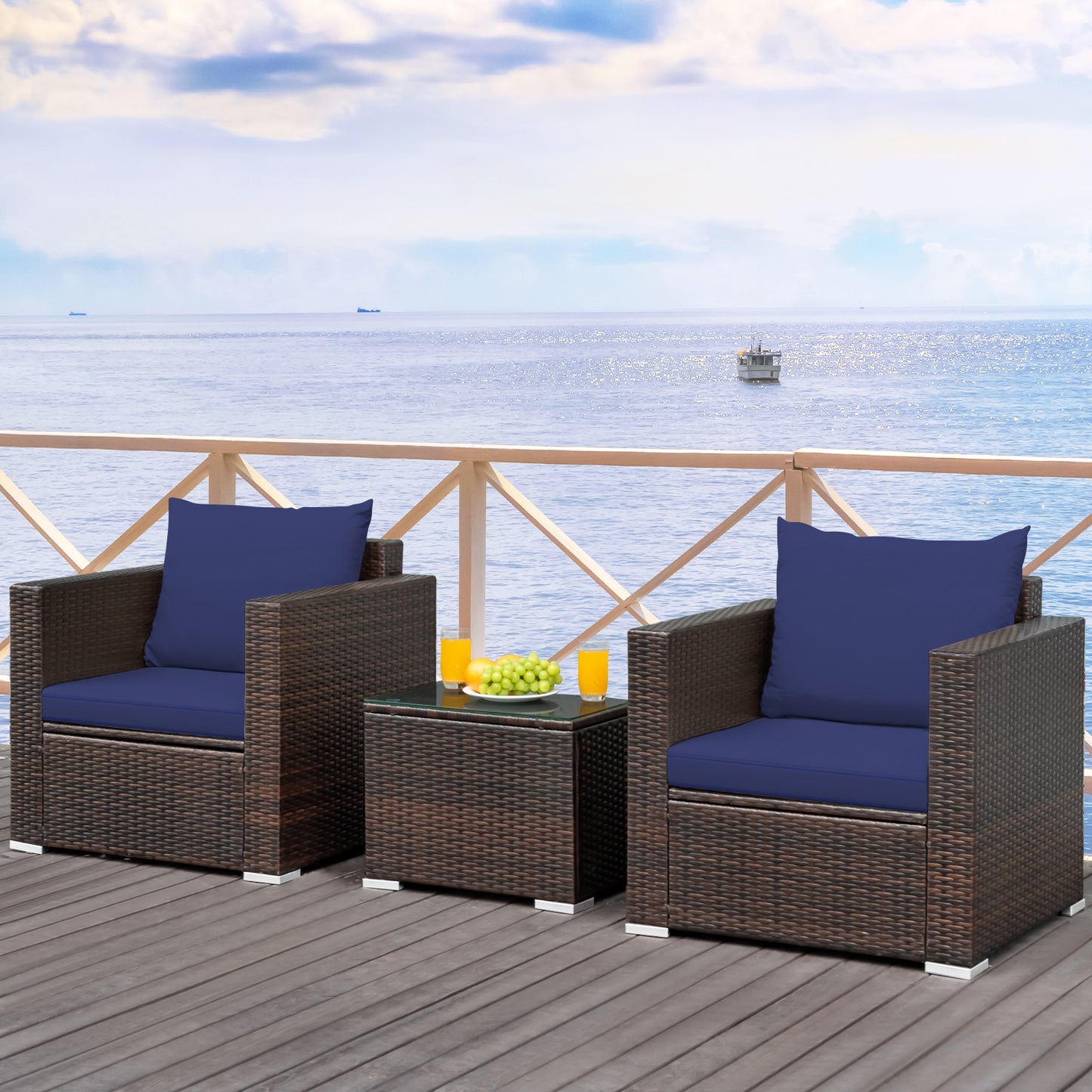 3 Pcs Patio Rattan Furniture Set With Cushion, Blue Patio Conversation Sets at Gallery Canada