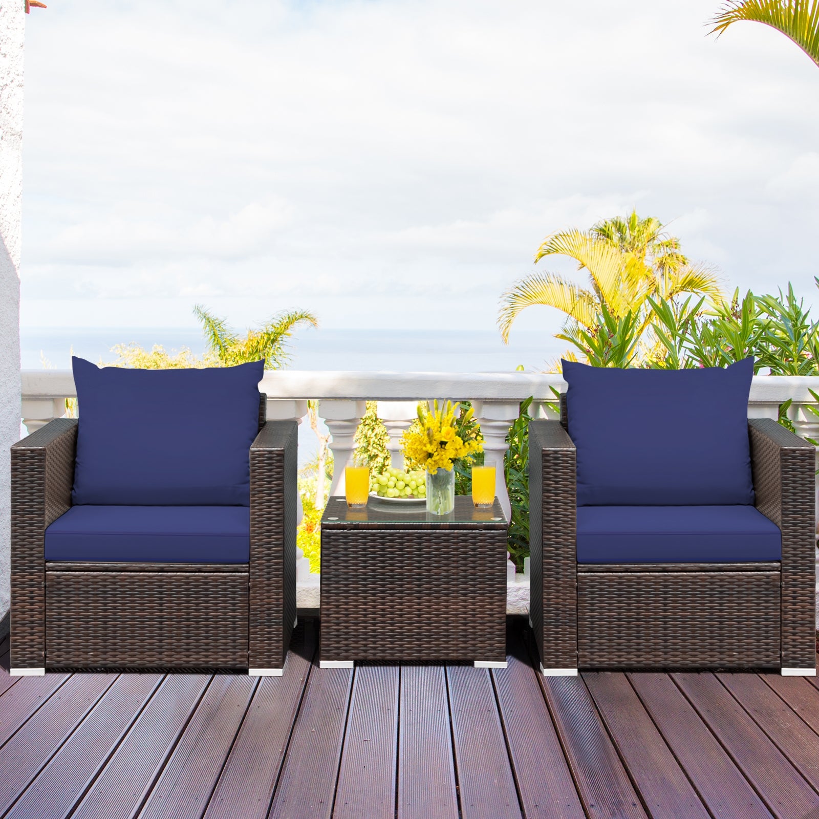 3 Pcs Patio Rattan Furniture Set With Cushion, Blue Patio Conversation Sets at Gallery Canada