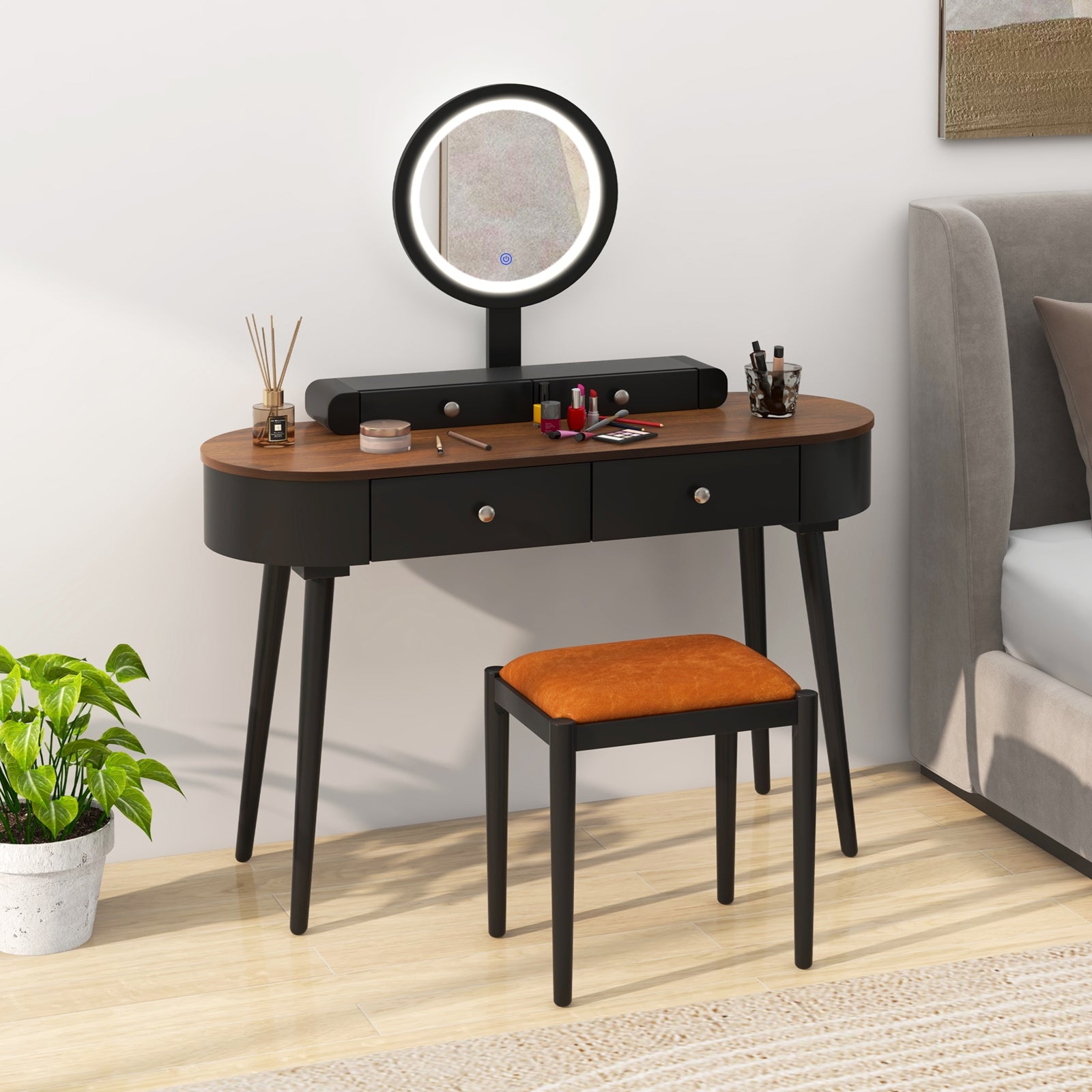 Makeup Vanity Table Set with LED Mirror and 3 Spacious Drawers-Black, Black Makeup Vanities at Gallery Canada