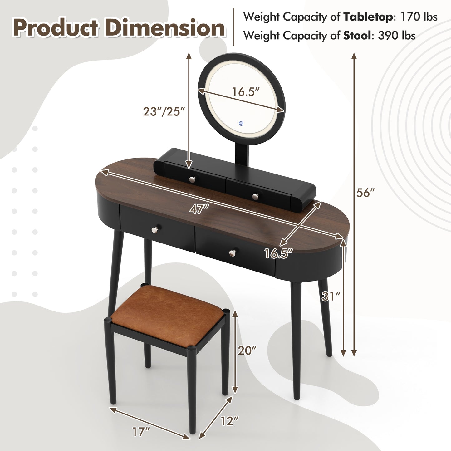 Makeup Vanity Table Set with LED Mirror and 3 Spacious Drawers-Black, Black Makeup Vanities at Gallery Canada