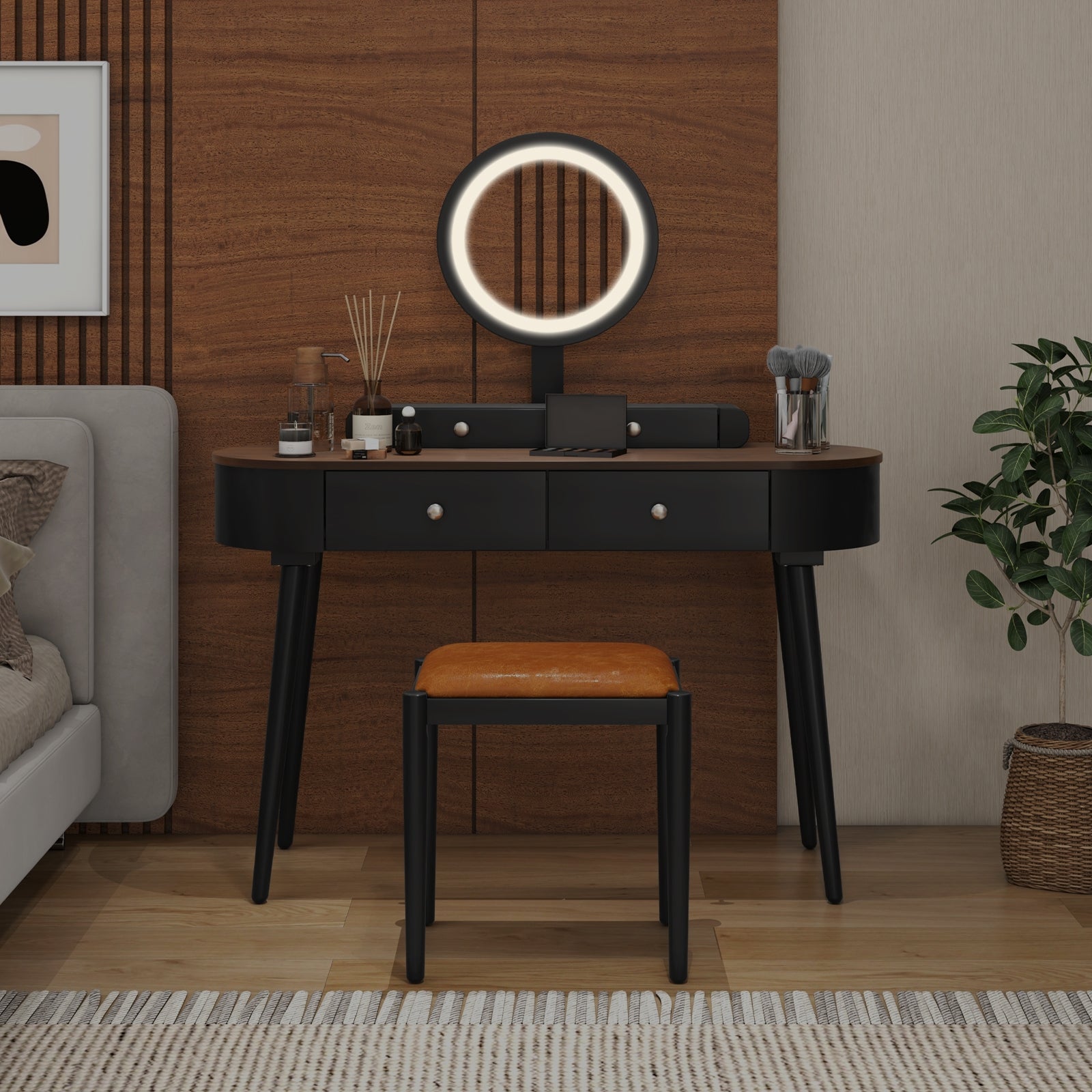 Makeup Vanity Table Set with LED Mirror and 3 Spacious Drawers-Black, Black Makeup Vanities at Gallery Canada
