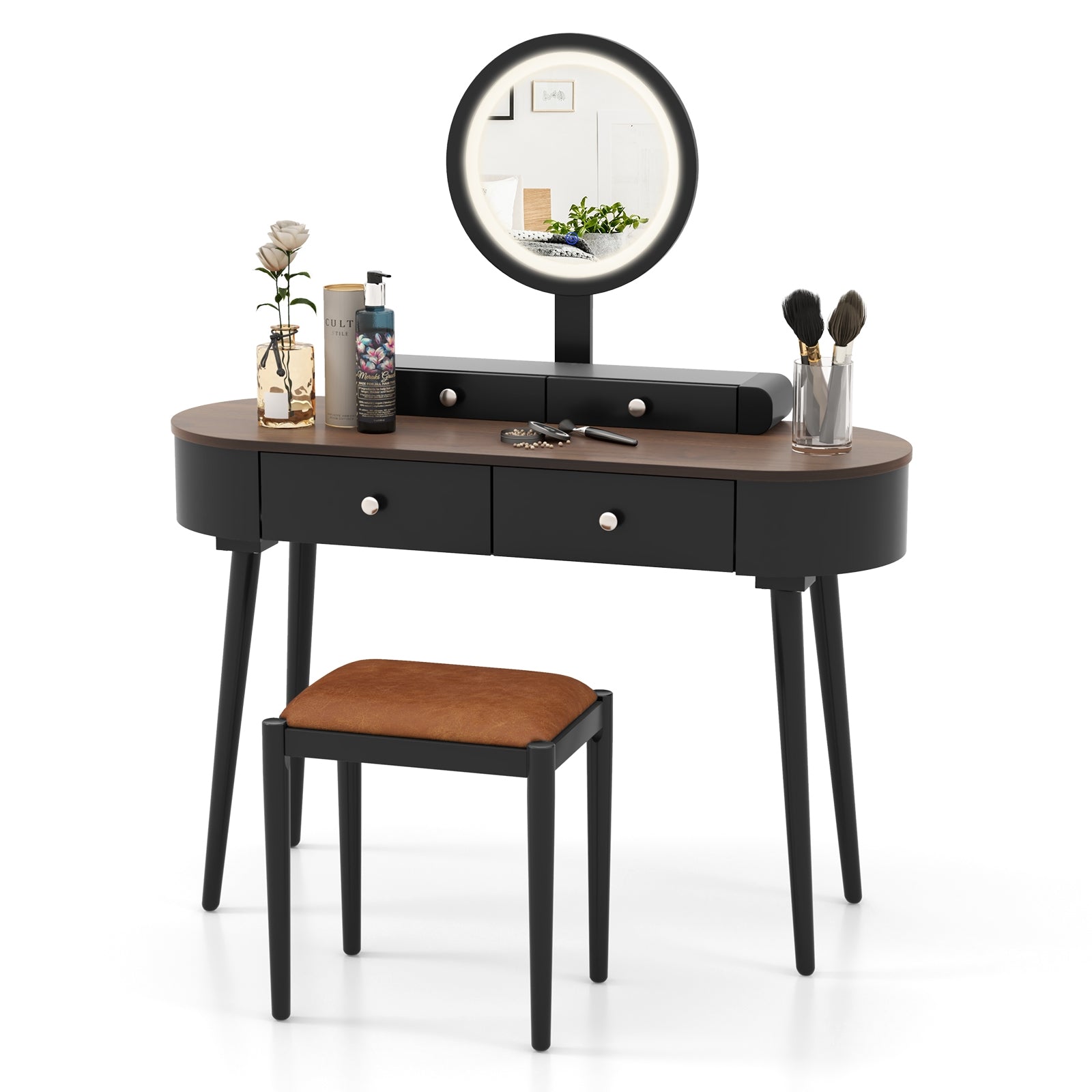 Makeup Vanity Table Set with LED Mirror and 3 Spacious Drawers-Black, Black Makeup Vanities at Gallery Canada