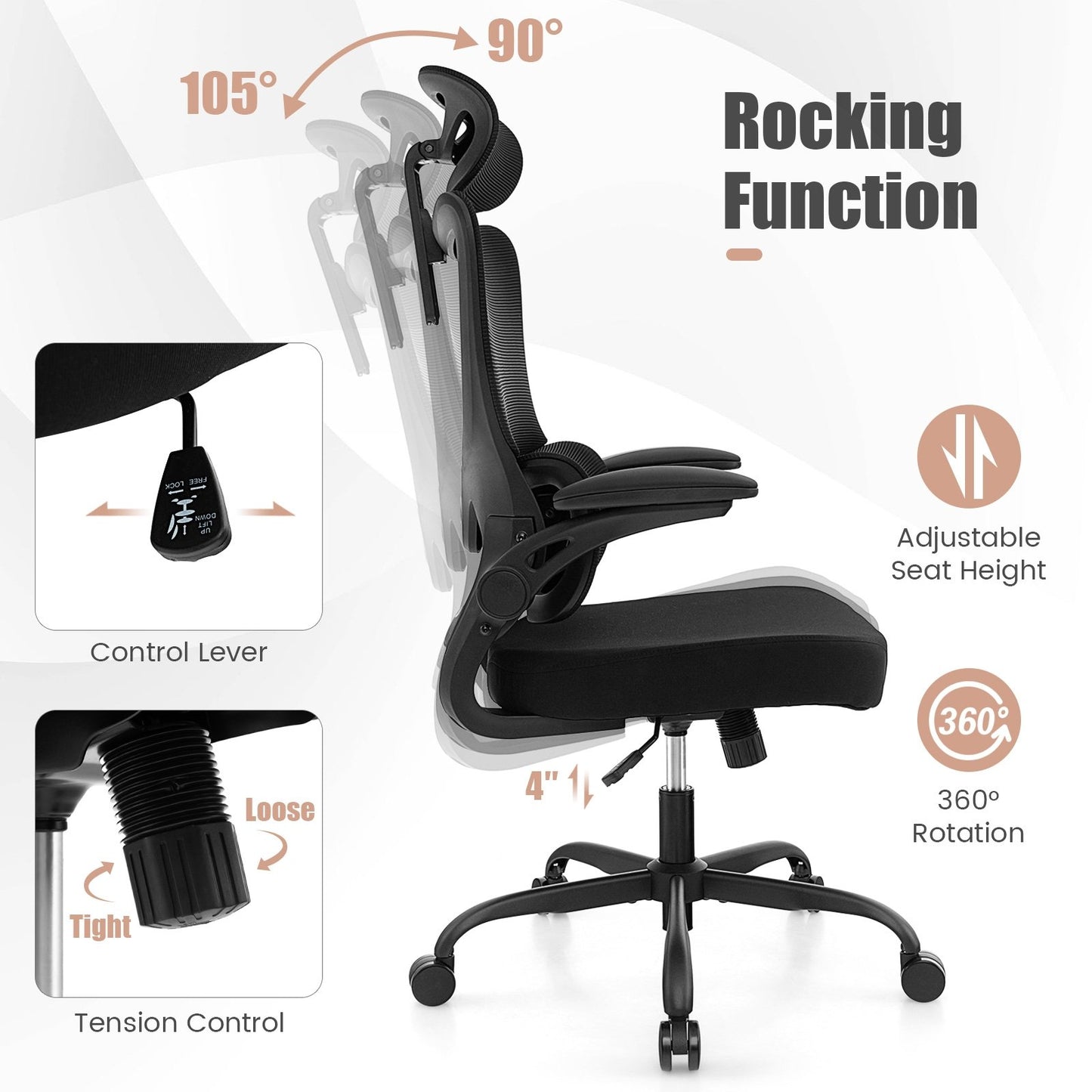 Mesh Office Chair with Adaptive Lumbar Support  Flip-up Armrests  Reclining Backrest, Black
