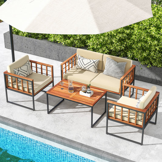 4 Pieces Acacia Wood Outdoor Sofa Set for Balcony Porch Backyard Poolside Outdoor Sectionals Beige, Natural, Black at Gallery Canada