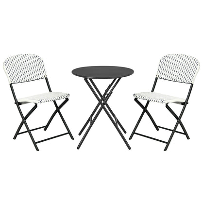 Ensemble bistro de patio en rotin 3 pièces avec table de salle à manger ronde et 2 chaises, noir et blanc