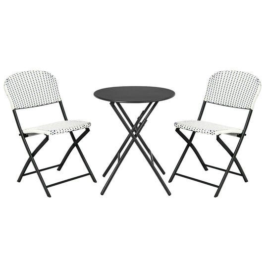 3 Piece Patio Rattan Bistro Set, Round Dining Table, 2 Chairs, White, Black