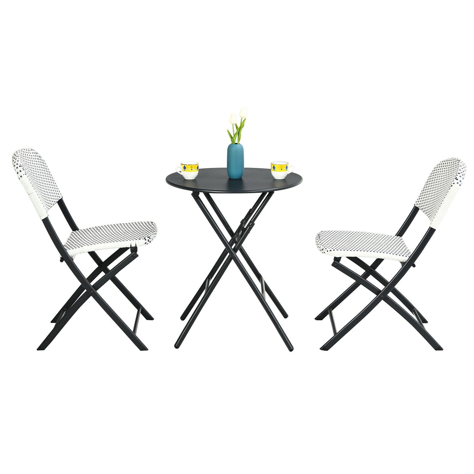 3 Pieces Patio Rattan Bistro Set with Round Dining Table and 2 Chairs, Black & White Patio Conversation Sets at Gallery Canada