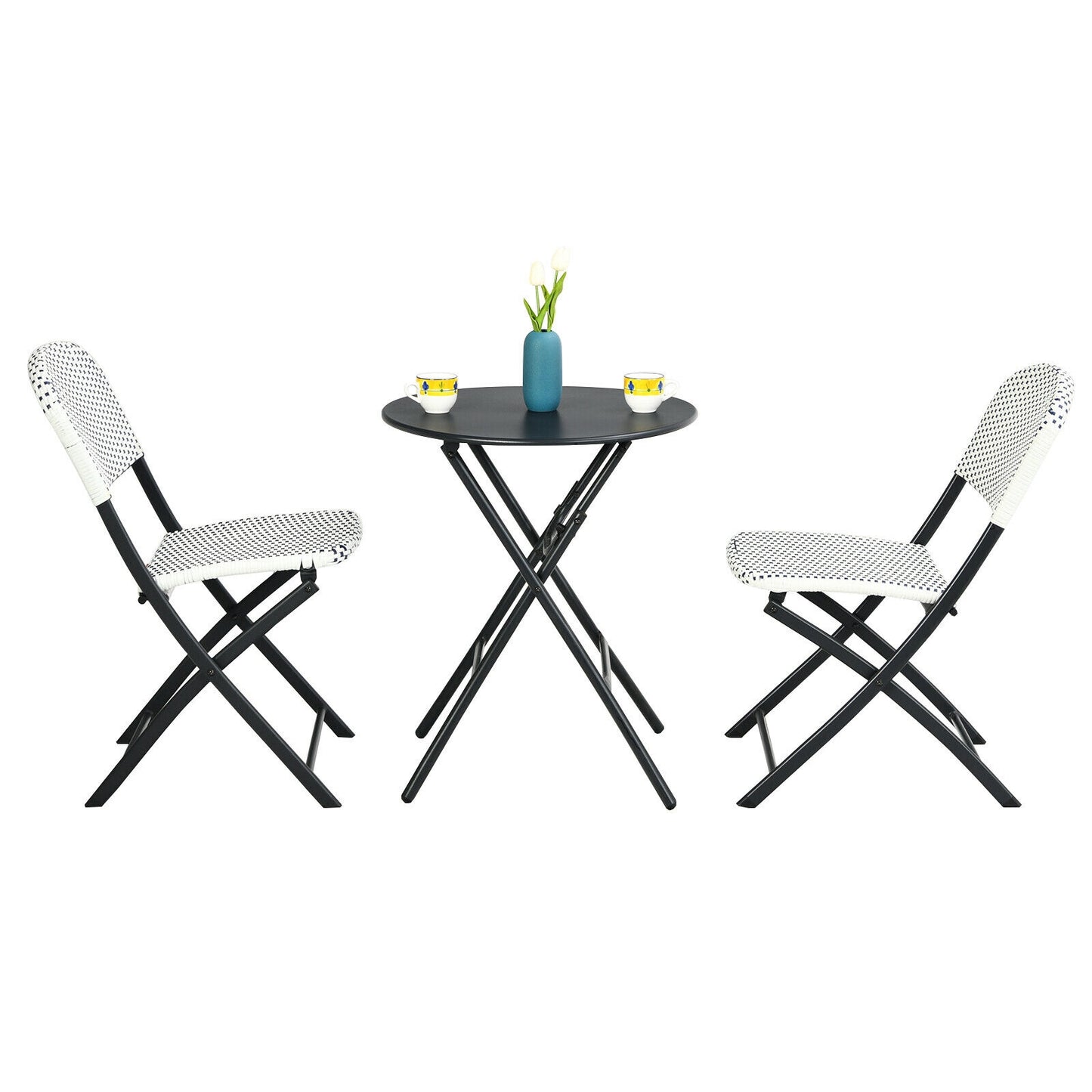 3 Pieces Patio Rattan Bistro Set with Round Dining Table and 2 Chairs, Black & White Patio Conversation Sets at Gallery Canada