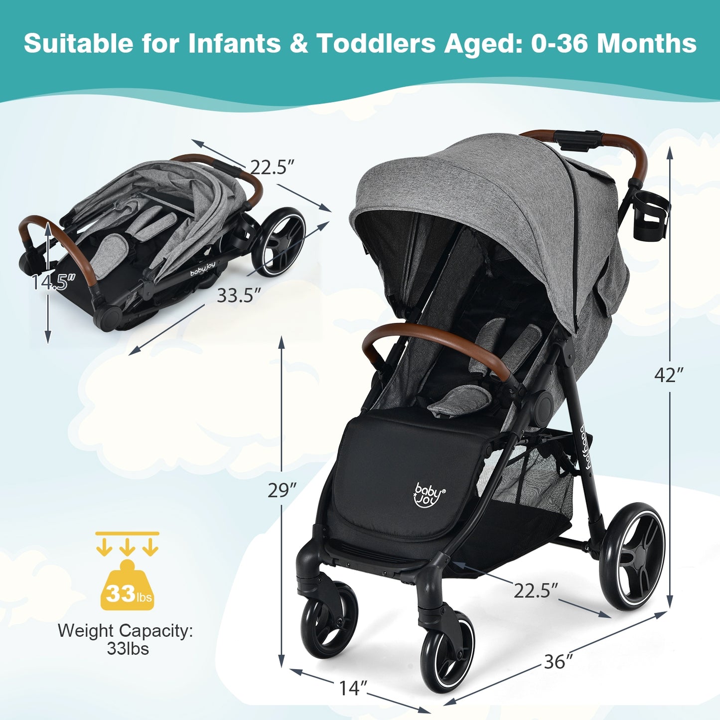 5-Point Harness Lightweight Infant Stroller with Foot Cover and Adjustable Backrest, Gray Baby Strollers at Gallery Canada