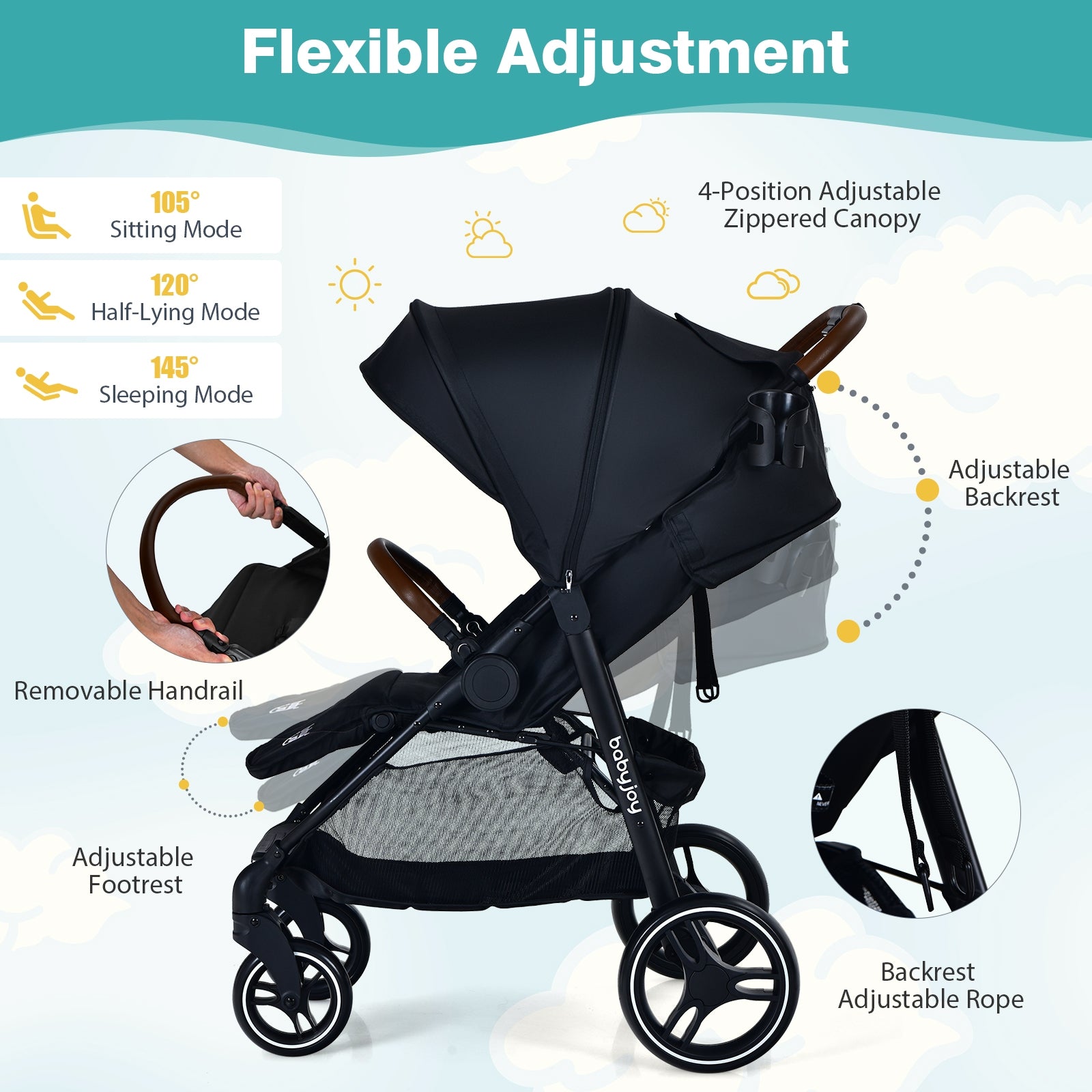 5-Point Harness Lightweight Infant Stroller with Foot Cover and Adjustable Backrest, Black Baby Strollers at Gallery Canada