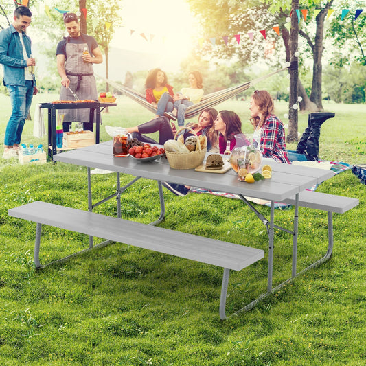 Folding Picnic Table Set with Metal Frame and All-Weather HDPE Tabletop  Umbrella Hole, Gray - Gallery Canada