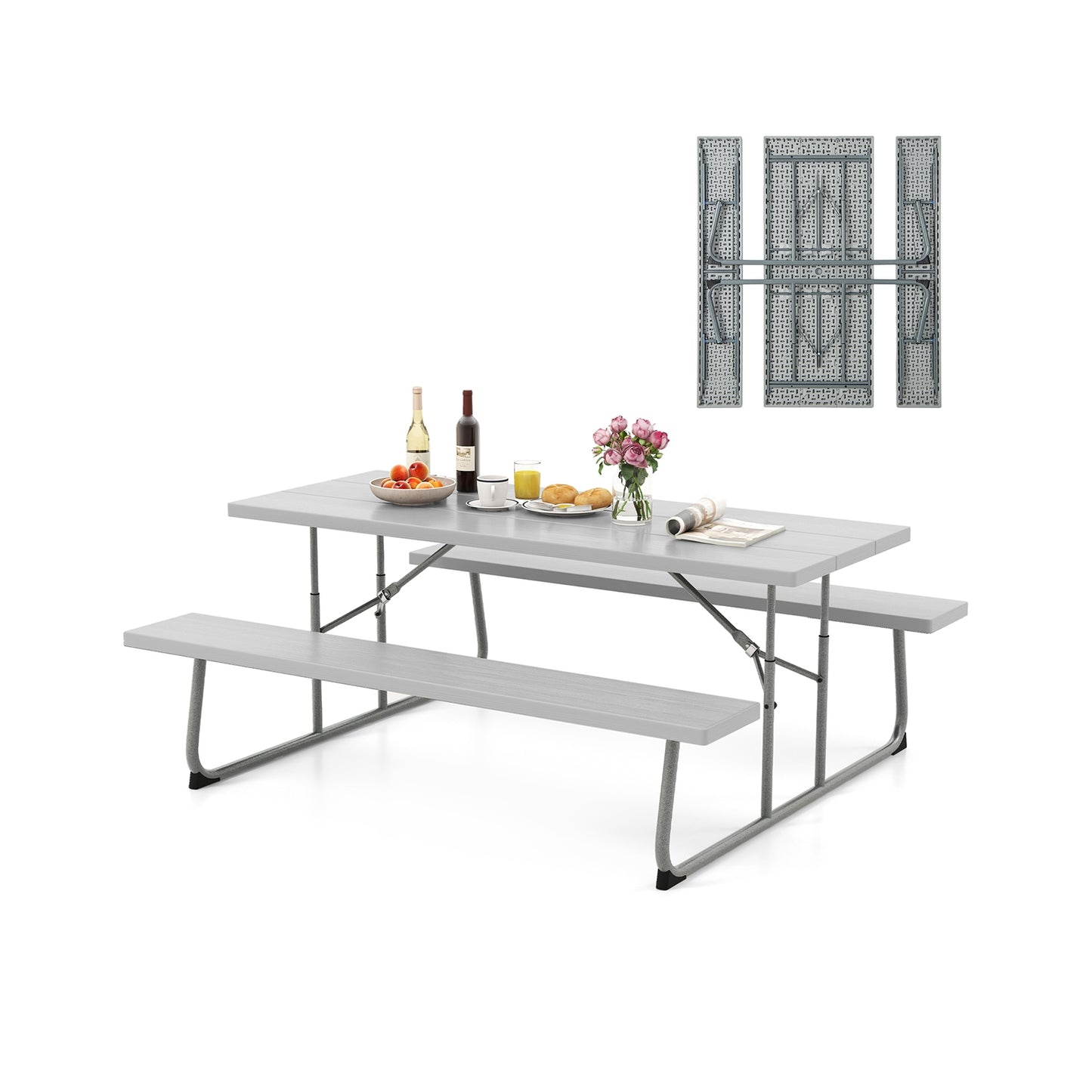Folding Picnic Table Set with Metal Frame and All-Weather HDPE Tabletop Umbrella Hole, Gray Outdoor Seating & Patio Chairs at Gallery Canada