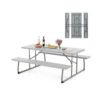 Folding Picnic Table Set with Metal Frame and All-Weather HDPE Tabletop Umbrella Hole, Gray Outdoor Seating & Patio Chairs at Gallery Canada