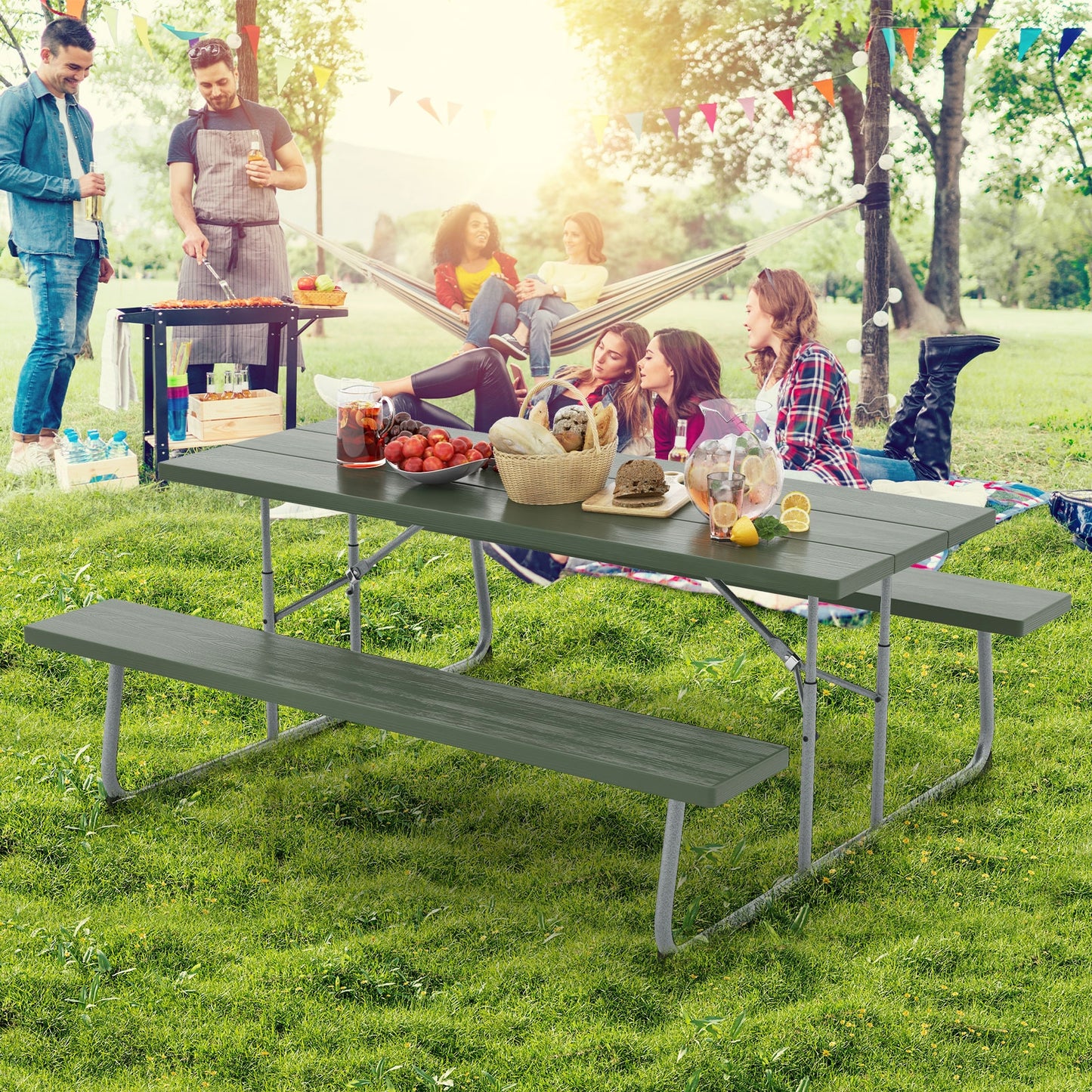 Folding Picnic Table Set with Metal Frame and All-Weather HDPE Tabletop Umbrella Hole, Green Outdoor Seating & Patio Chairs at Gallery Canada
