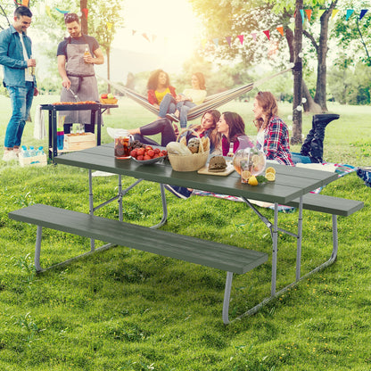 Folding Picnic Table Set with Metal Frame and All-Weather HDPE Tabletop Umbrella Hole, Green Outdoor Seating & Patio Chairs at Gallery Canada