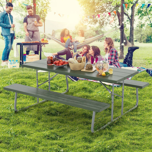 Folding Picnic Table Set with Metal Frame and All-Weather HDPE Tabletop  Umbrella Hole, Green - Gallery Canada