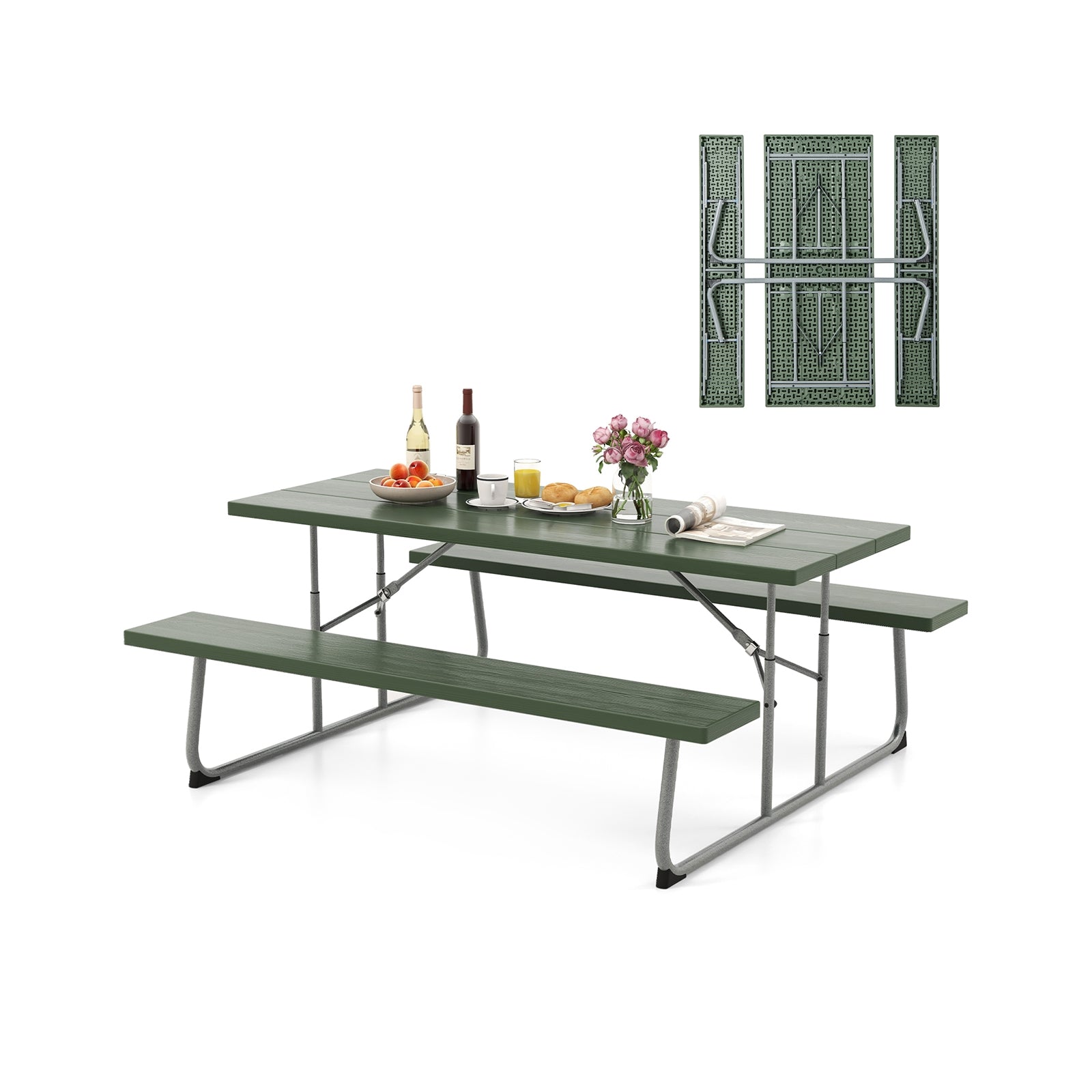 Folding Picnic Table Set with Metal Frame and All-Weather HDPE Tabletop Umbrella Hole, Green Outdoor Seating & Patio Chairs Green at Gallery Canada