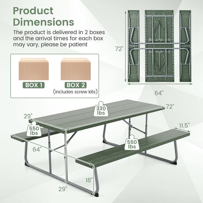 Folding Picnic Table Set with Metal Frame and All-Weather HDPE Tabletop Umbrella Hole, Green Outdoor Seating & Patio Chairs at Gallery Canada