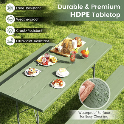 Folding Picnic Table Set with Metal Frame and All-Weather HDPE Tabletop Umbrella Hole, Green Outdoor Seating & Patio Chairs at Gallery Canada