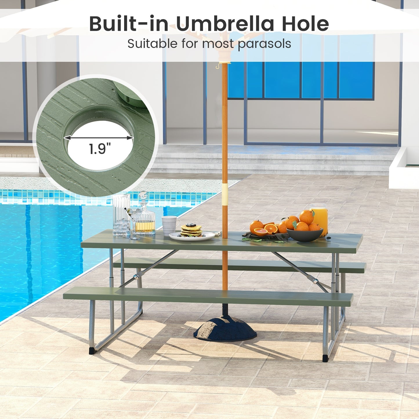 Folding Picnic Table Set with Metal Frame and All-Weather HDPE Tabletop Umbrella Hole, Green Outdoor Seating & Patio Chairs at Gallery Canada