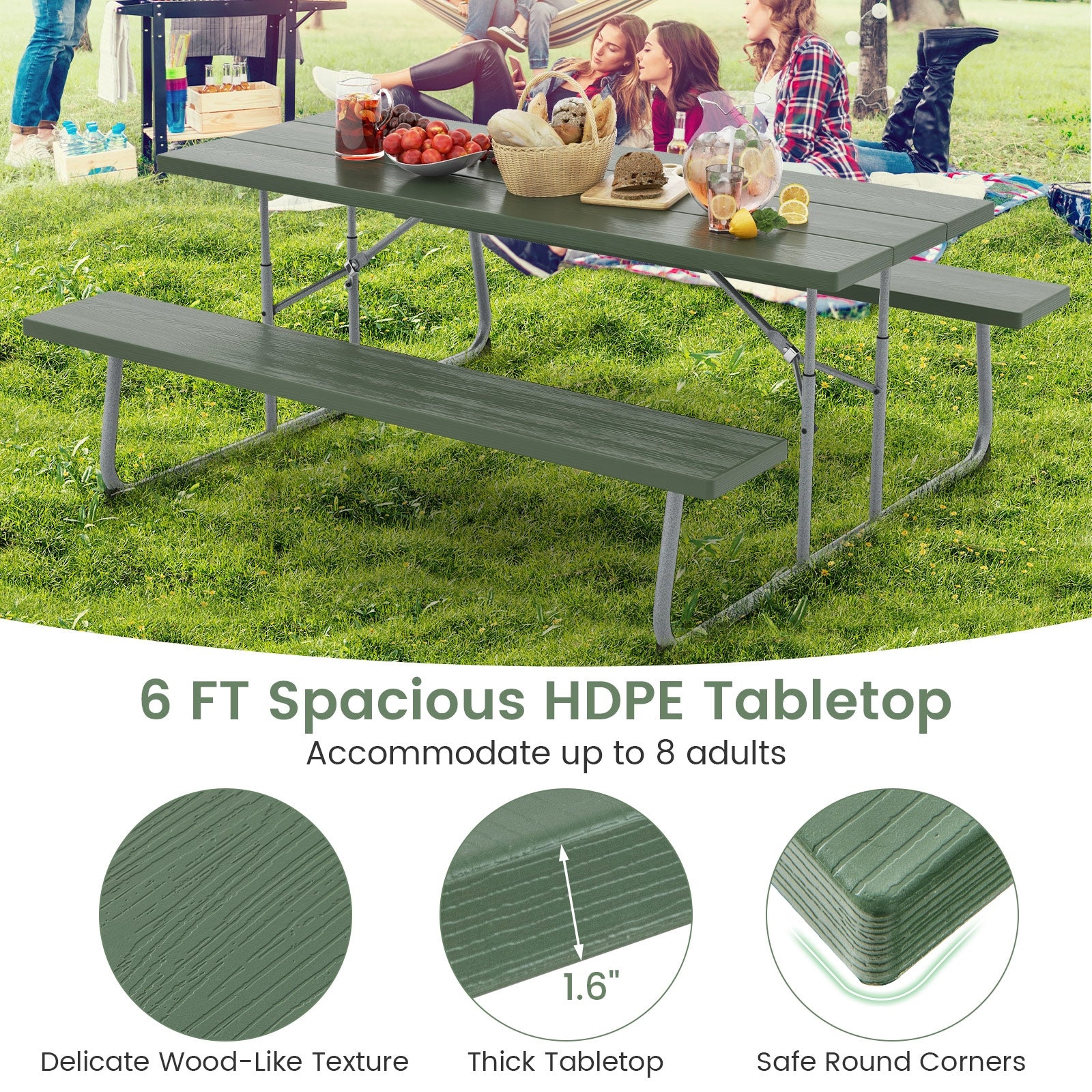 Folding Picnic Table Set with Metal Frame and All-Weather HDPE Tabletop Umbrella Hole, Green Outdoor Seating & Patio Chairs at Gallery Canada