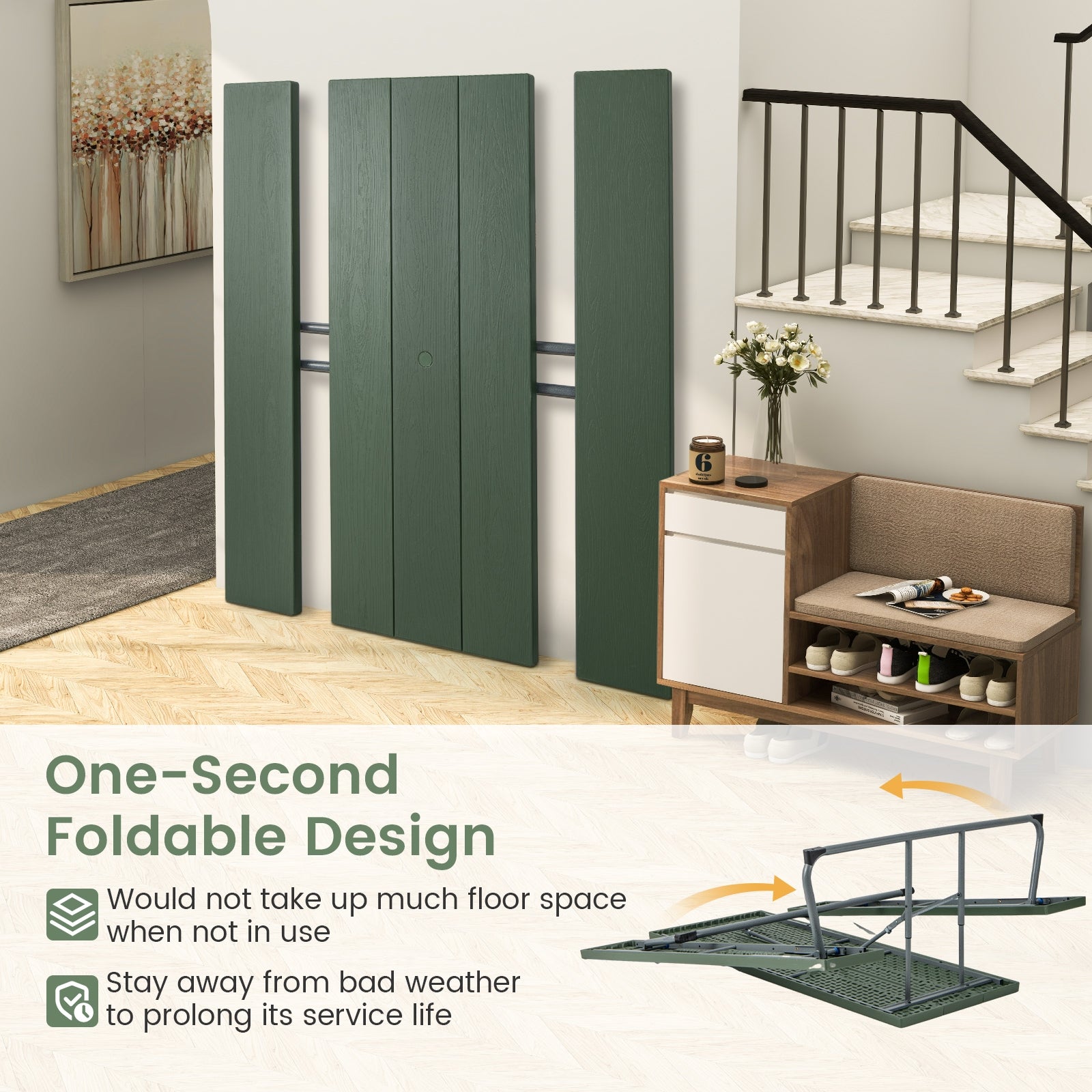 Folding Picnic Table Set with Metal Frame and All-Weather HDPE Tabletop Umbrella Hole, Green Outdoor Seating & Patio Chairs at Gallery Canada