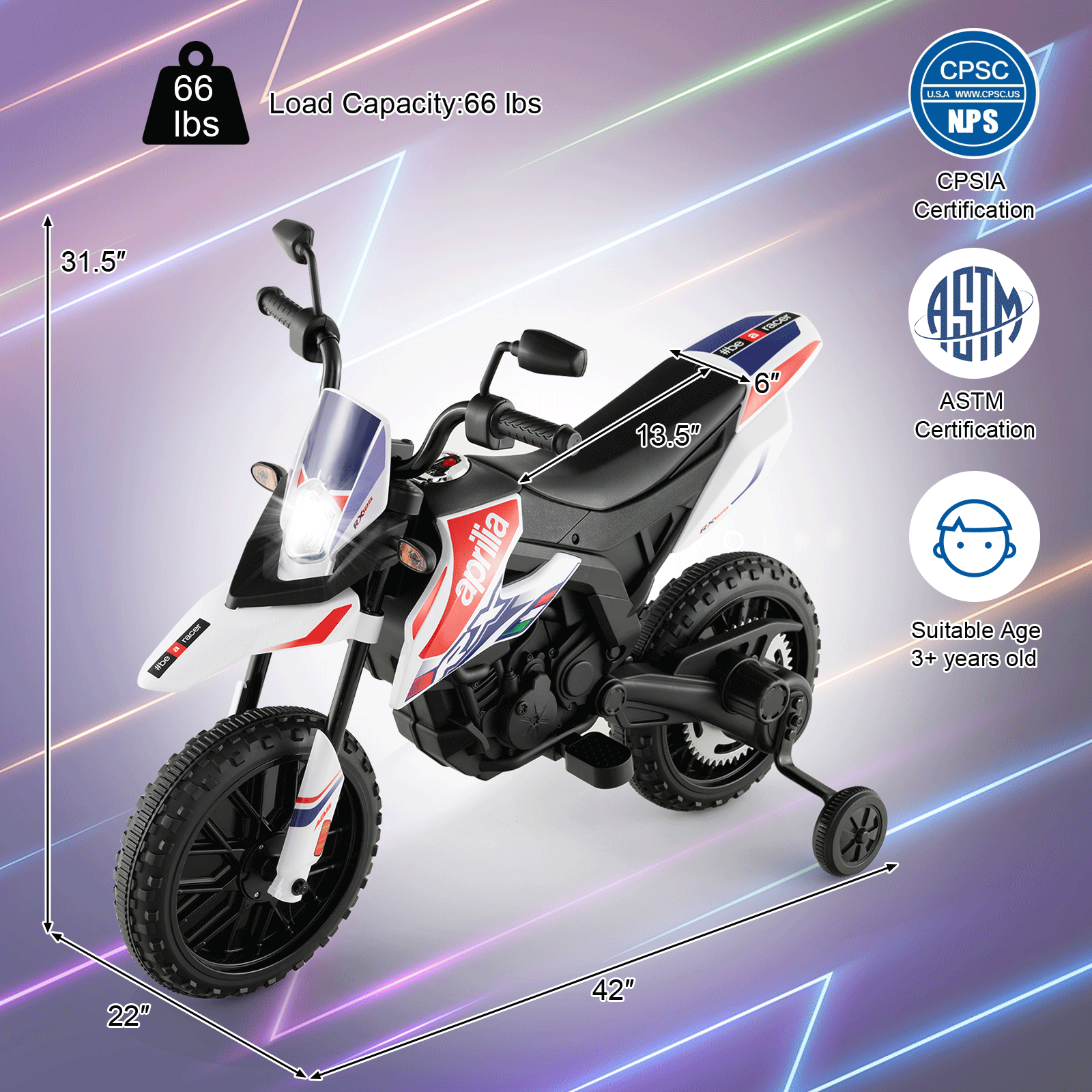 Aprilia Licensed Kids Ride On Motorcycle with 2 Training Wheels, White Powered Ride On Toys at Gallery Canada