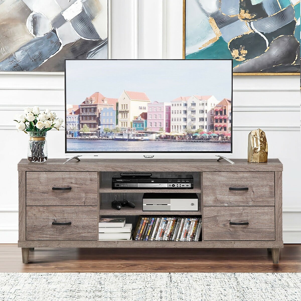 Retro Wooden TV Stand with 3 Open Shelves and 4 Drawers, Gray - Gallery Canada