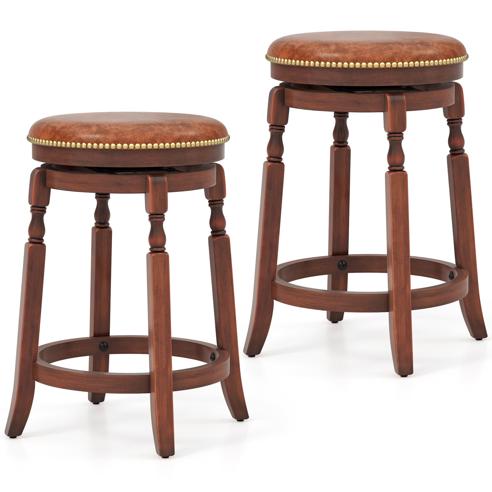 24 Inch Swivel Bar Stool Set of 2 with Upholstered Seat and Rubber Wood Frame-24 inches, Brown Bar Stools Walnut, Brown at Gallery Canada