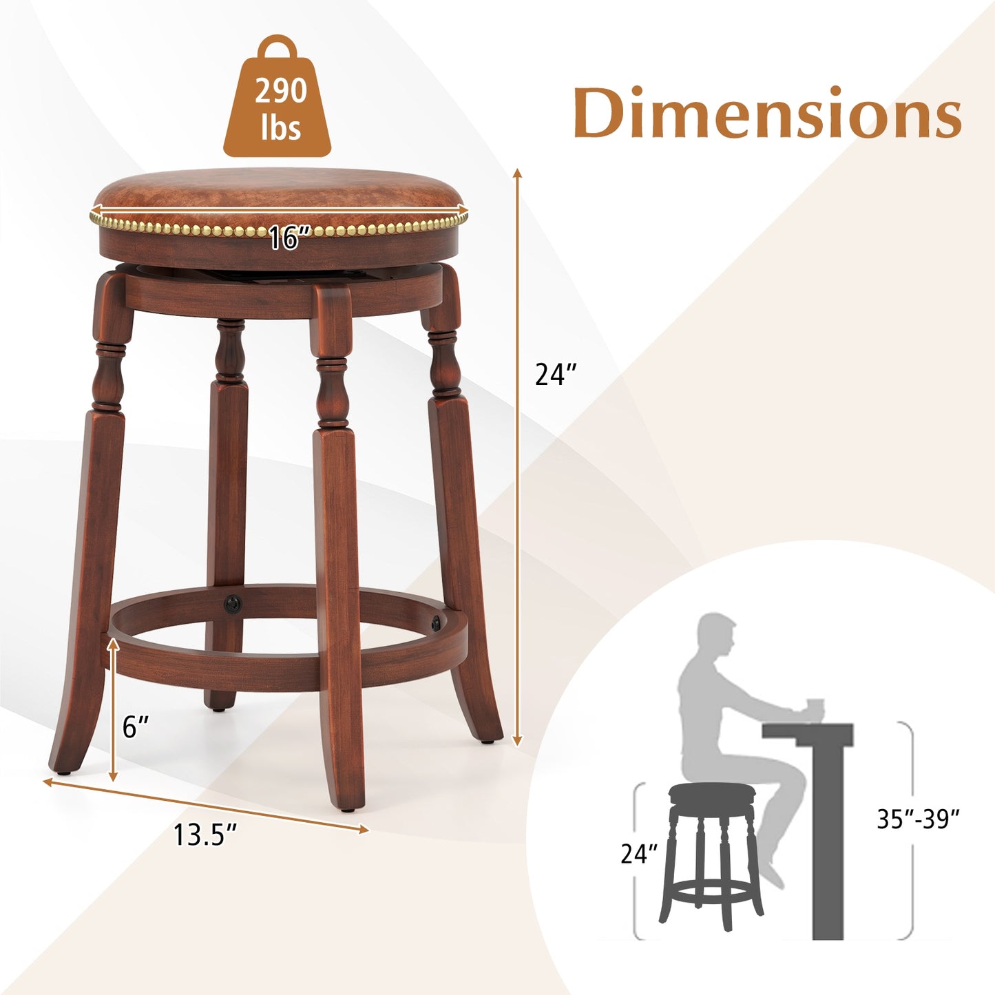 24 Inch Swivel Bar Stool Set of 2 with Upholstered Seat and Rubber Wood Frame-24 inches, Brown Bar Stools at Gallery Canada