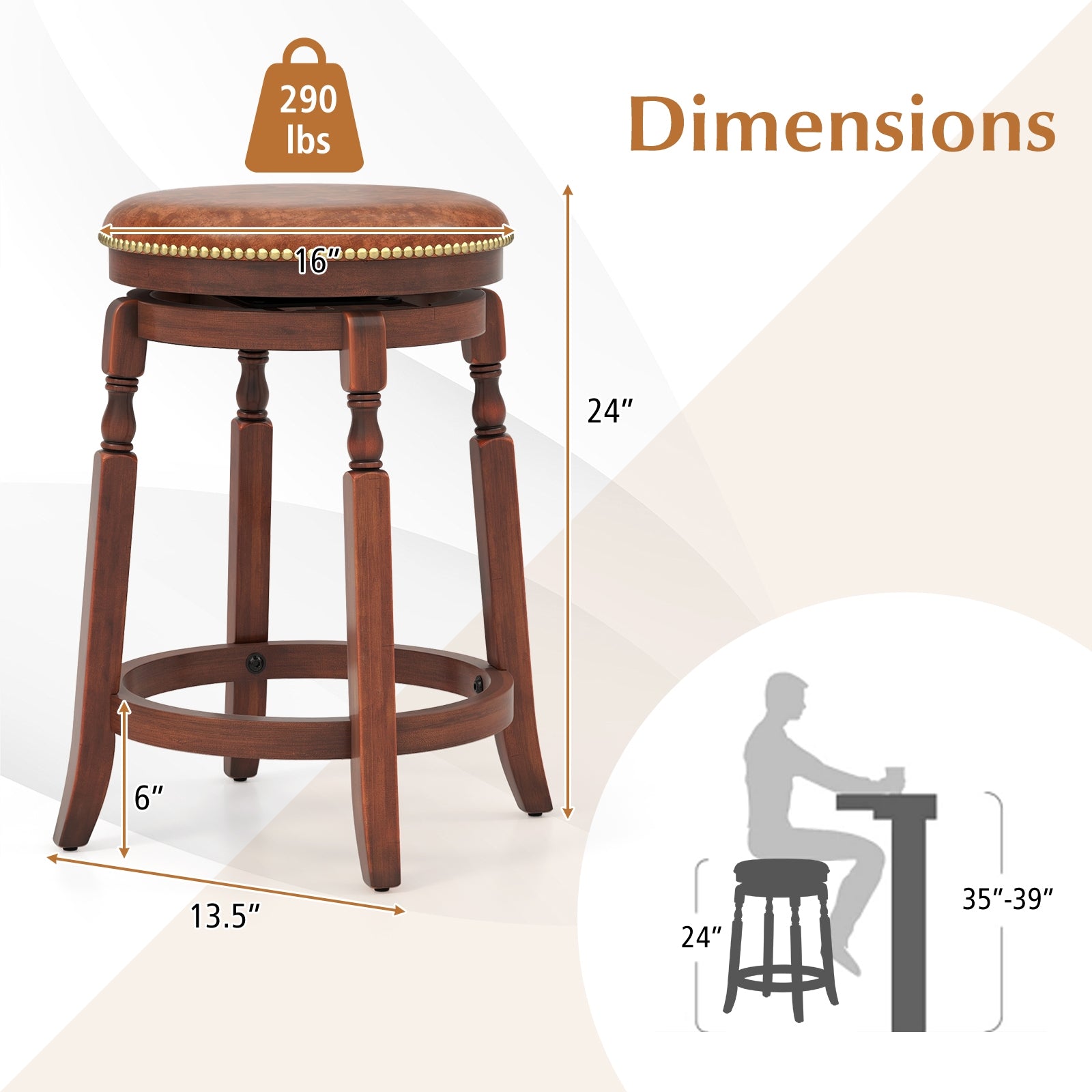 24 Inch Swivel Bar Stool Set of 2 with Upholstered Seat and Rubber Wood Frame-24 inches, Brown Bar Stools at Gallery Canada