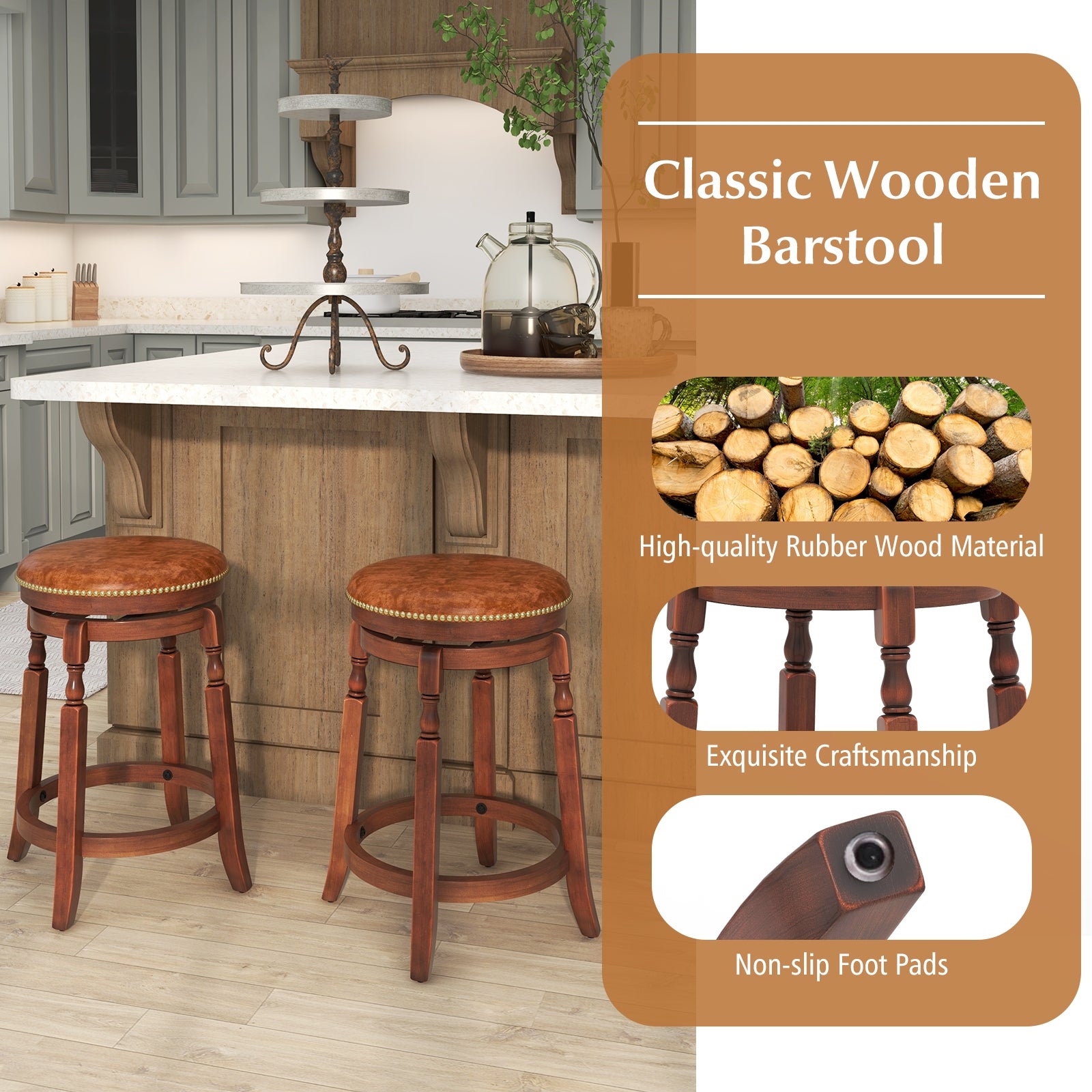 24 Inch Swivel Bar Stool Set of 2 with Upholstered Seat and Rubber Wood Frame-24 inches, Brown Bar Stools at Gallery Canada