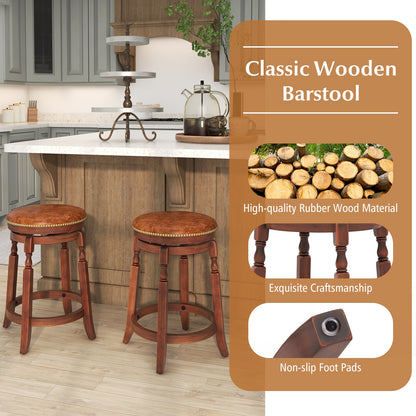 24 Inch Swivel Bar Stool Set of 2 with Upholstered Seat and Rubber Wood Frame-24 inches, Brown Bar Stools at Gallery Canada