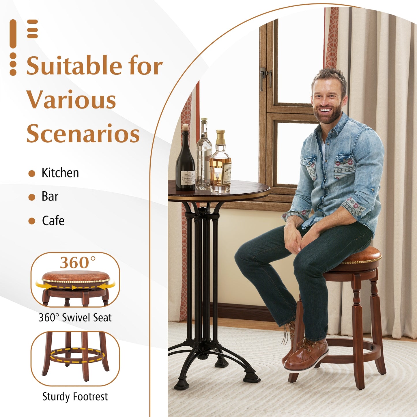 24 Inch Swivel Bar Stool Set of 2 with Upholstered Seat and Rubber Wood Frame-24 inches, Brown Bar Stools at Gallery Canada