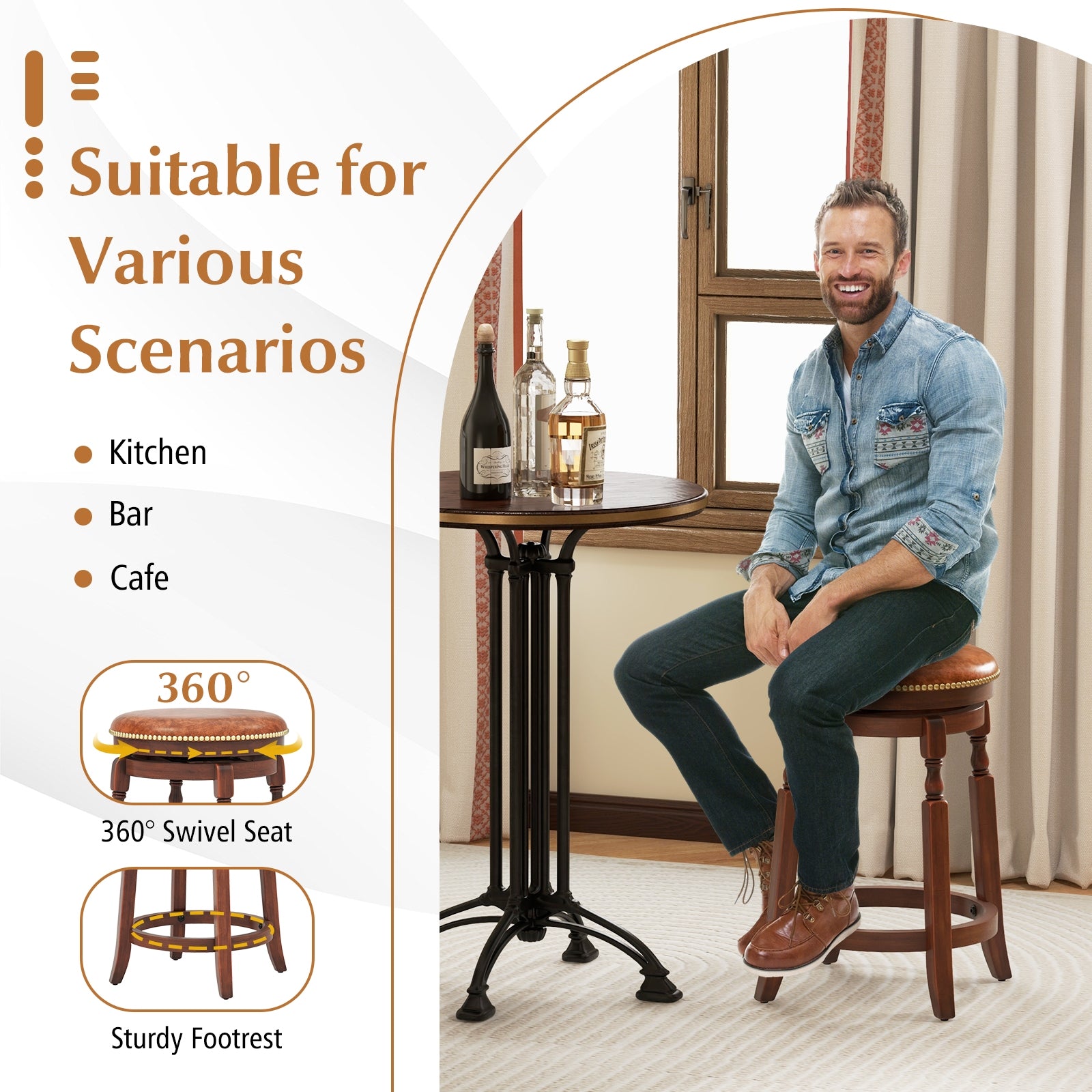 24 Inch Swivel Bar Stool Set of 2 with Upholstered Seat and Rubber Wood Frame-24 inches, Brown Bar Stools at Gallery Canada