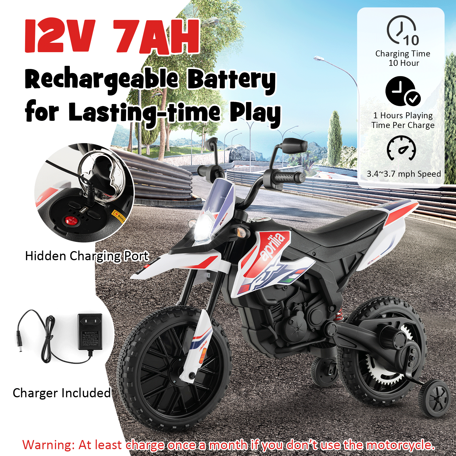 Aprilia Licensed Kids Ride On Motorcycle with 2 Training Wheels, White Powered Ride On Toys at Gallery Canada