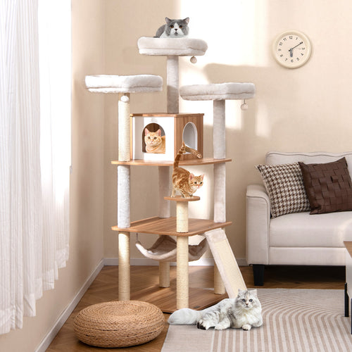 68 Inch Tall Cat Tree with 3 Padded Perches Condo and Sisal Scratching Posts, Natural