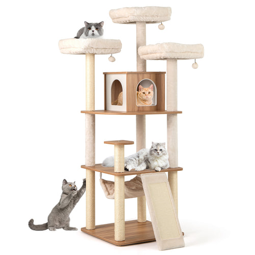 68 Inch Cat Tree, 3 Padded Perches Condo, Sisal Scratching Posts, Natural