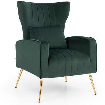 Velvet Upholstered Wingback Chair with Lumbar Pillow and Golden Metal Legs, Turquoise