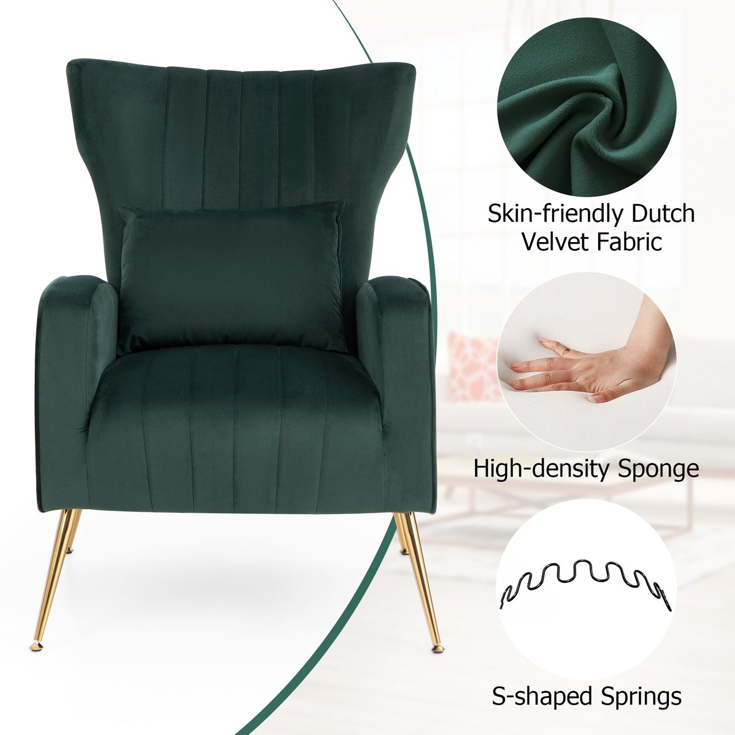 Velvet Upholstered Wingback Chair with Lumbar Pillow and Golden Metal Legs, Turquoise