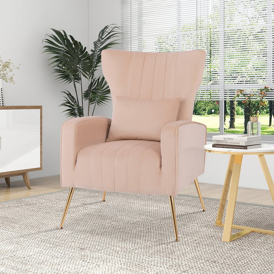 Velvet Upholstered Wingback Chair with Lumbar Pillow and Golden Metal Legs, Pink - Gallery Canada