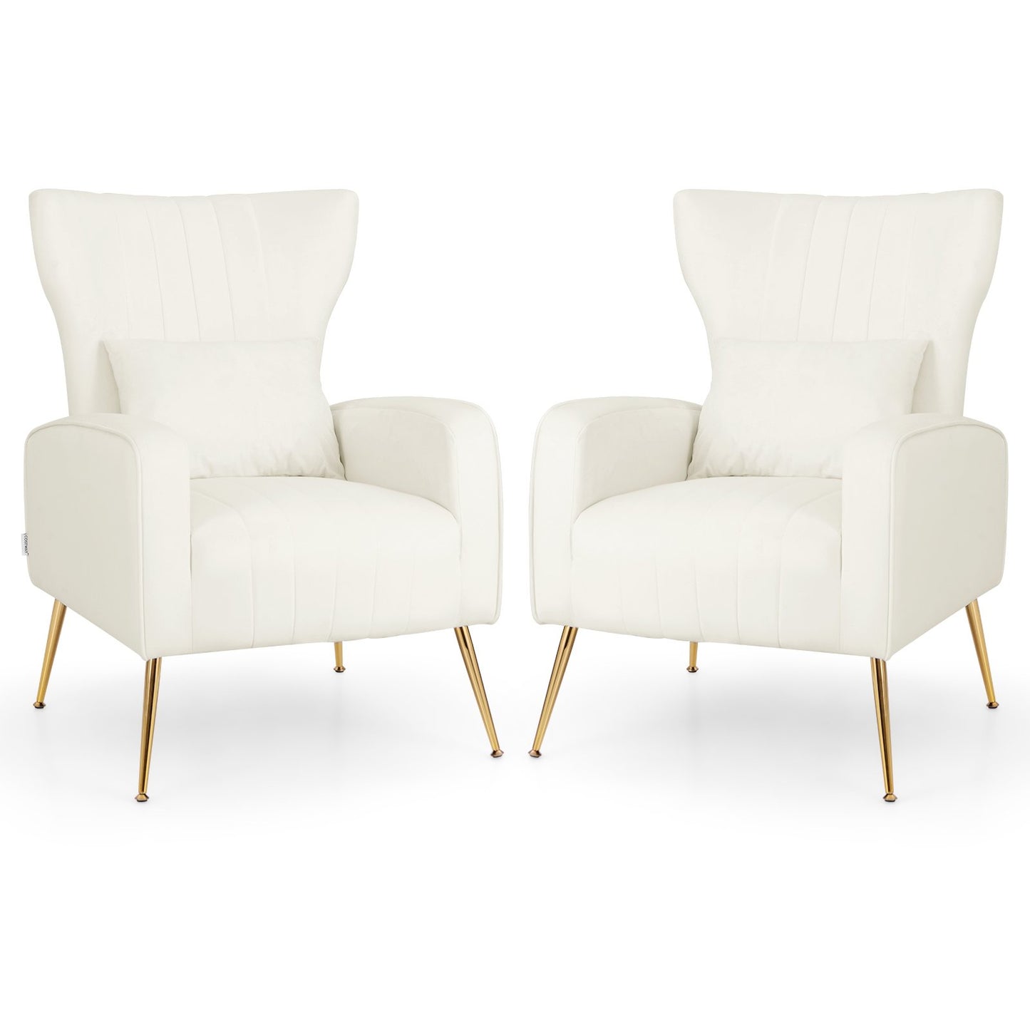 Velvet Upholstered Wingback Chair with Lumbar Pillow and Golden Metal Legs, White