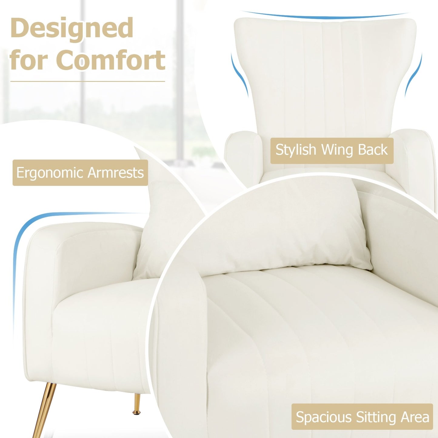 Velvet Upholstered Wingback Chair with Lumbar Pillow and Golden Metal Legs, White