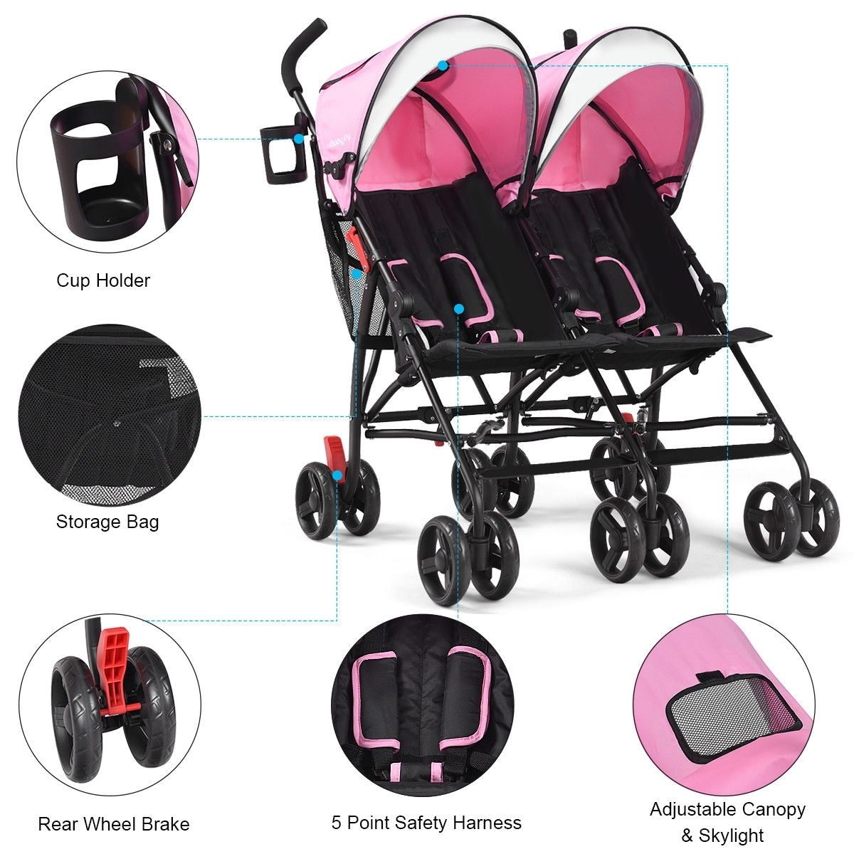 Foldable Twin Baby Double Stroller Ultralight Umbrella Kids Stroller, Pink Baby Strollers at Gallery Canada